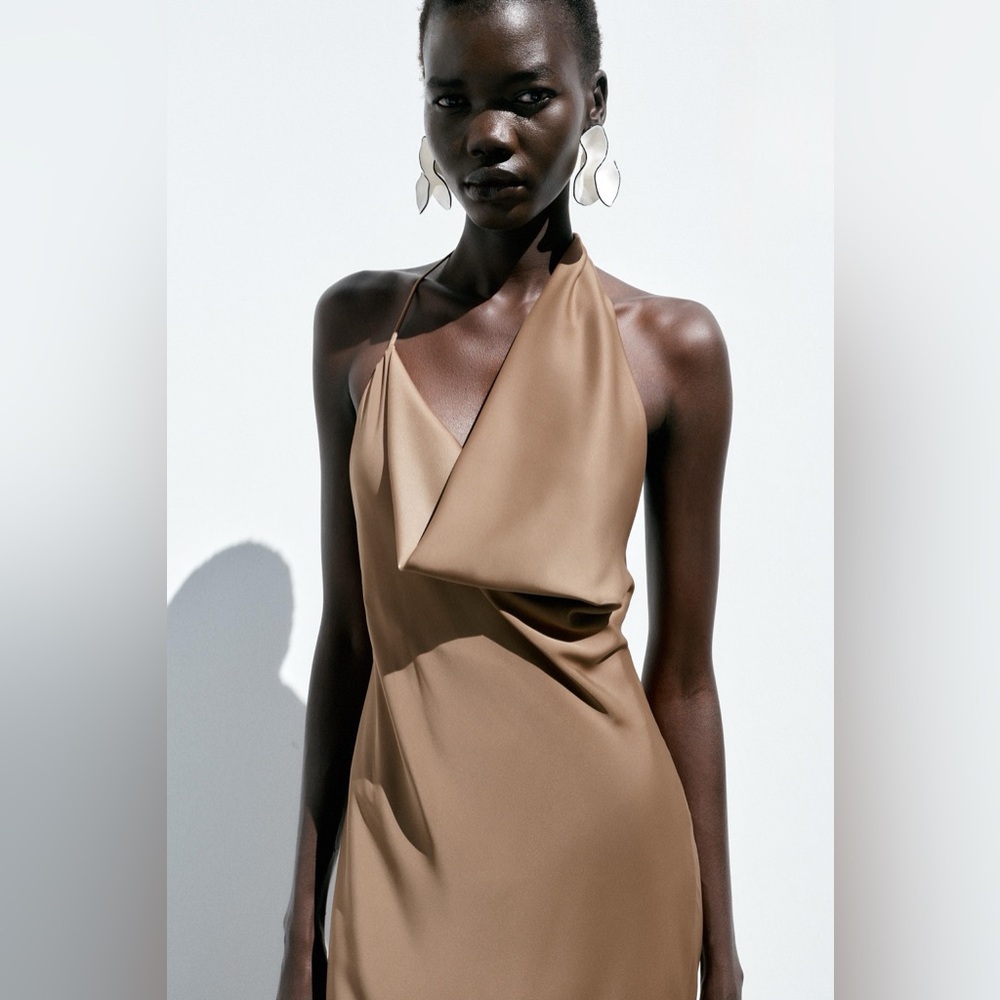 Zara Brown Halter satin maxi Dress evening wedding party cocktail - Picture 4 of 6